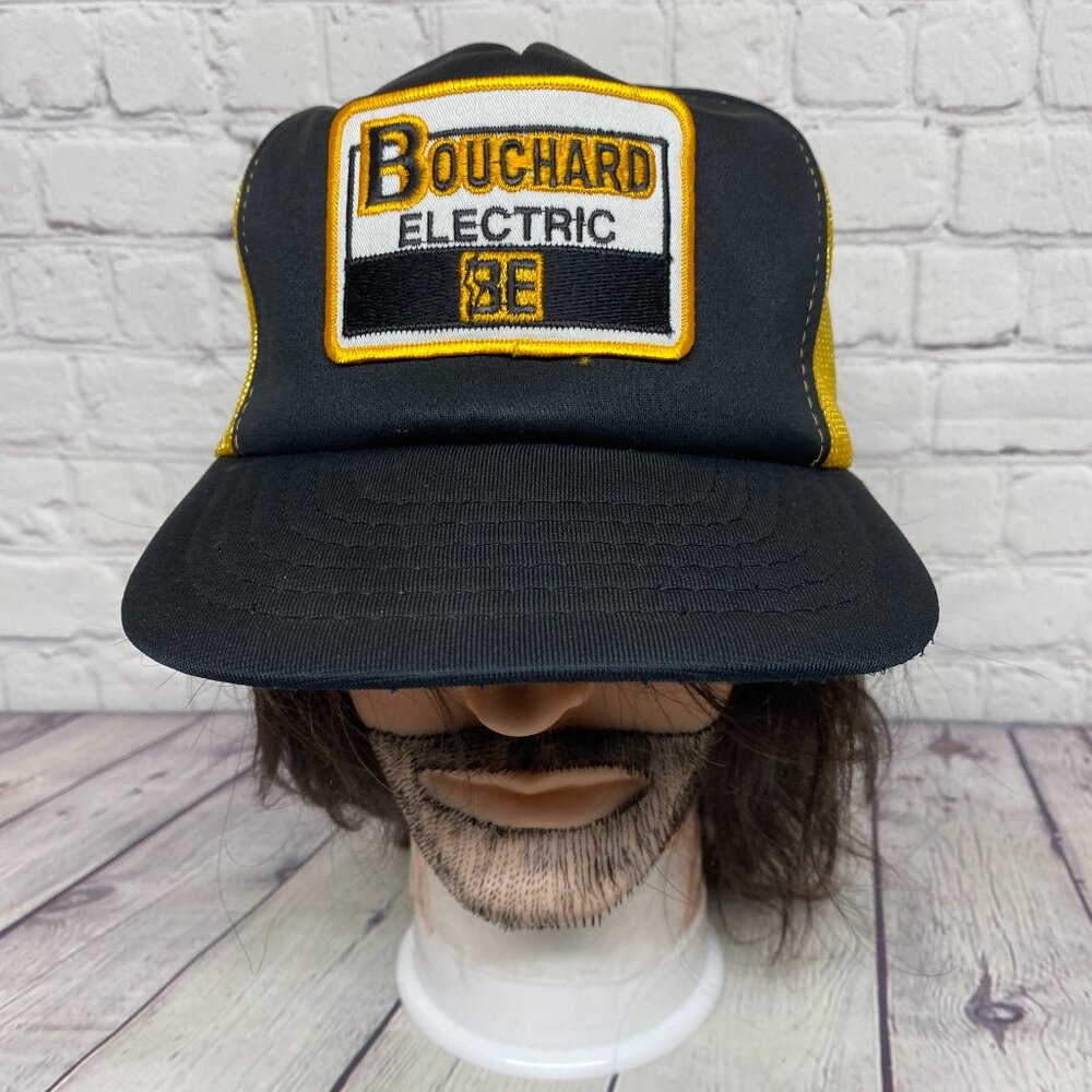 Vintage 80s Trucker Hat Mesh Cap Snapback Black Yellow Bouchard Electric Patch